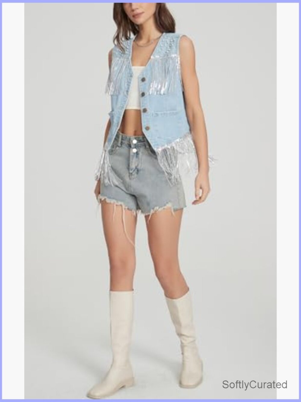 Cropped Fringe Denim Vest Pearl Sequin Y2K Western Cowgirl Vest Top - Picture 2 of 7